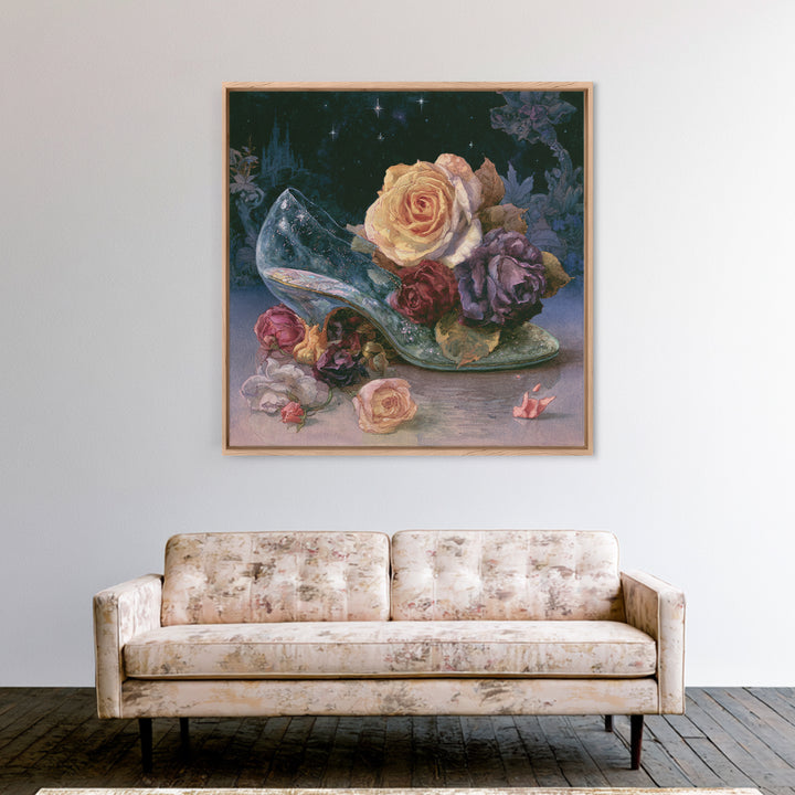 Glass Slipper Still Life Framed Canvas Print, Fairy Tale Art, Statement Artwork, Living Room Decor, Fine Art, Storybook, FTA-1x1-78