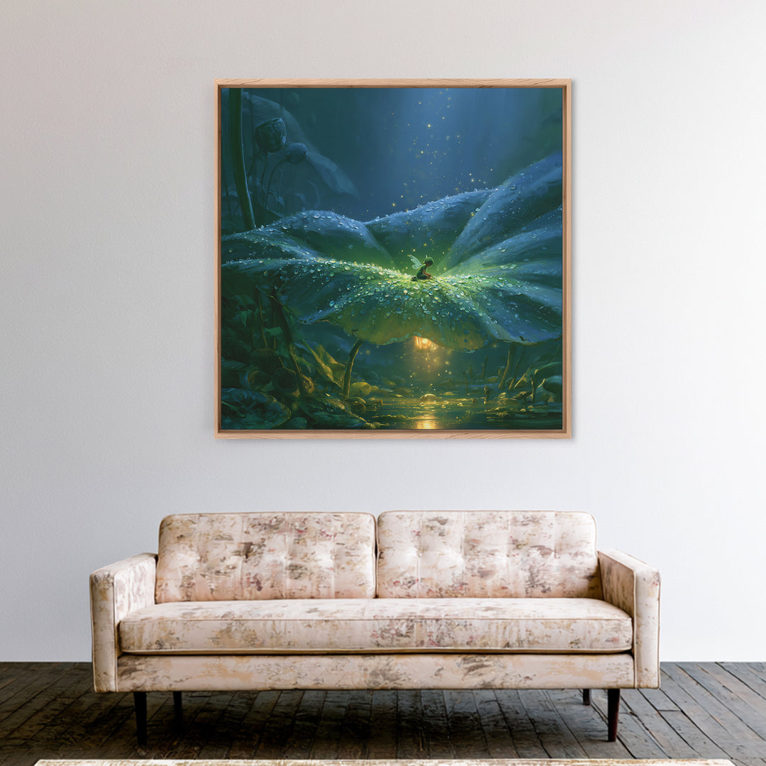 Tiny Fairy Resting on a Dew Covered Framed Canvas Print, Fairy Tale Art, Boho Decor, Living Room Decor, Fine Art, Storybook, FTA-1x1-79