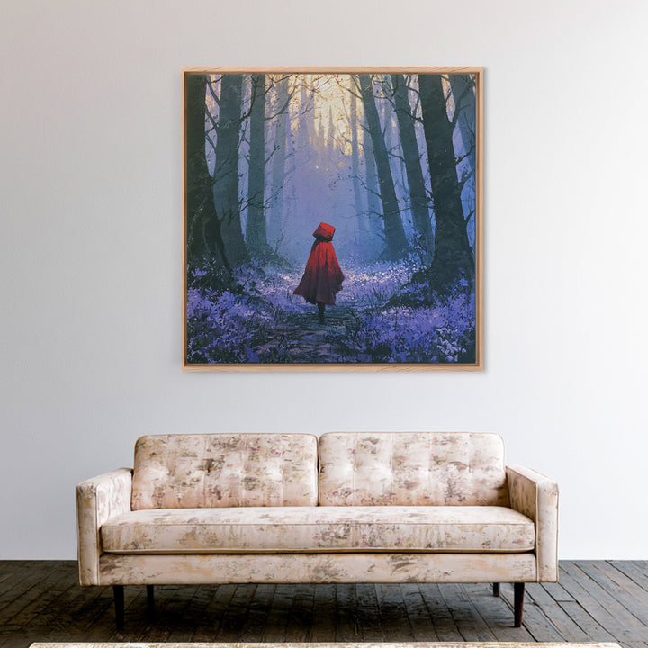 Red Cloak Figure Walking Through Dark Woods Framed Canvas Print, Fairy Tale Art, Original Art, Living Room Decor, Storybook, FTA-1x1-8