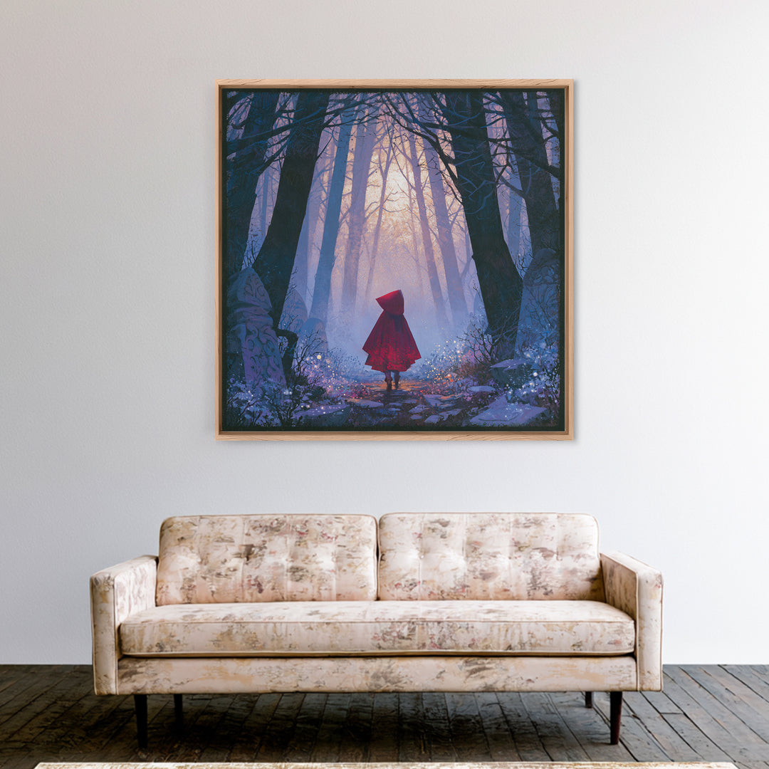 Red Cloak Figure Walking Through Dark Woods Canvas Print, Fairy Tale Art, Fine Art Print, Living Room Decor, Storybook, FTA-1x1-80
