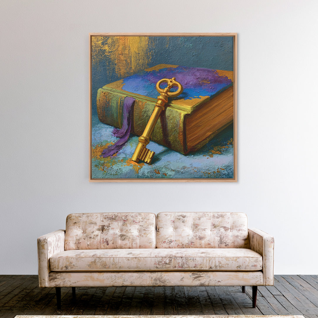 Golden Key and Enchanted Book Still Life Canvas Print, Fairy Tale Art, Painting, Living Room Decor, Fine Art, Storybook, FTA-1x1-81