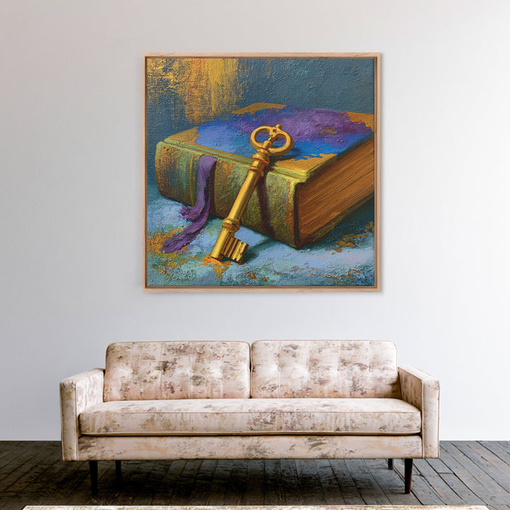 Golden Key and Enchanted Book Still Life Canvas Print, Fairy Tale Art, Painting, Living Room Decor, Fine Art, Storybook, FTA-1x1-81