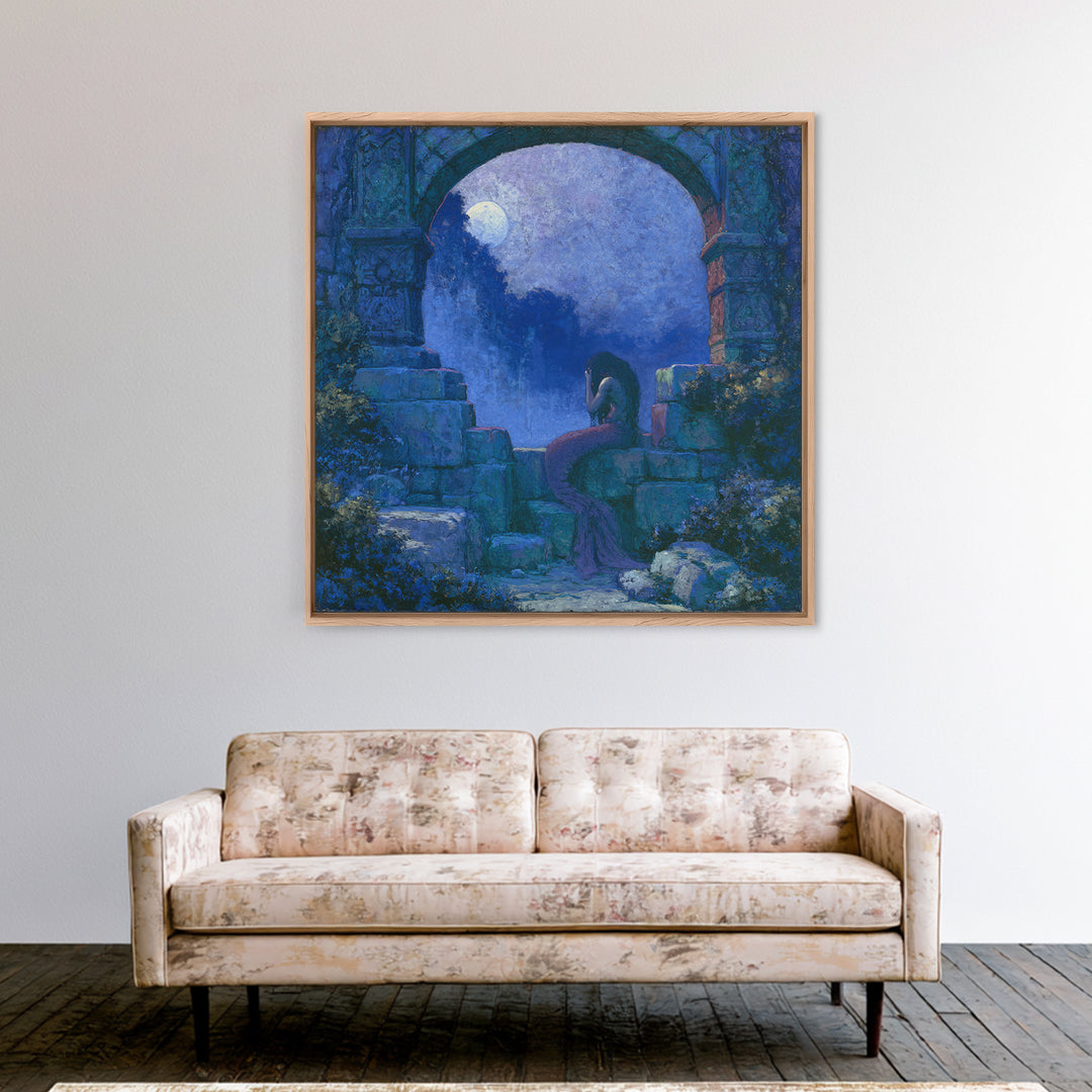 Mermaid Combing Hair Beneath a Pearl Moon Canvas Print, Fairy Tale Art, Kids Room Decor, Living Room Decor, Storybook, FTA-1x1-84