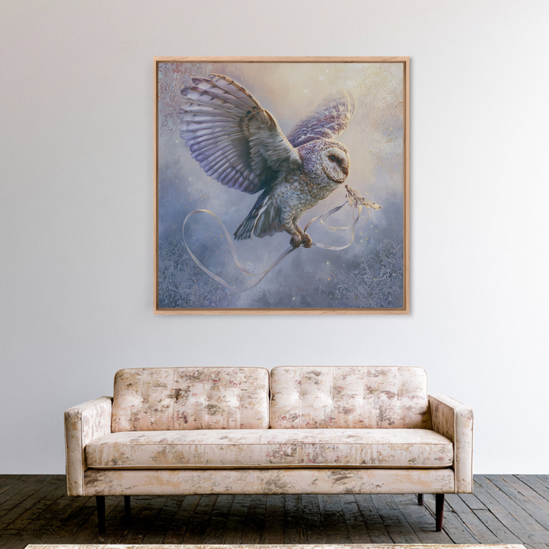 Owl Messenger Carrying a Tiny Ribbon Canvas Print, Fairy Tale Art, Contemporary Art, Living Room Decor, Fine Art, Storybook, FTA-1x1-89