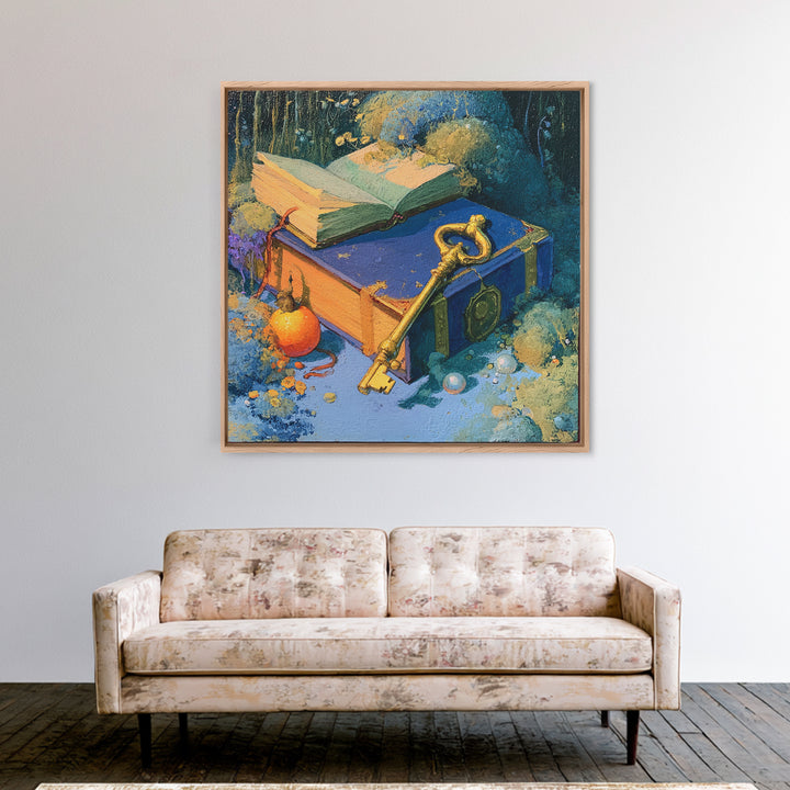 Golden Key and Enchanted Book Still Life Canvas Print, Fairy Tale Art, Statement Artwork, Living Room Decor, Storybook, FTA-1x1-9