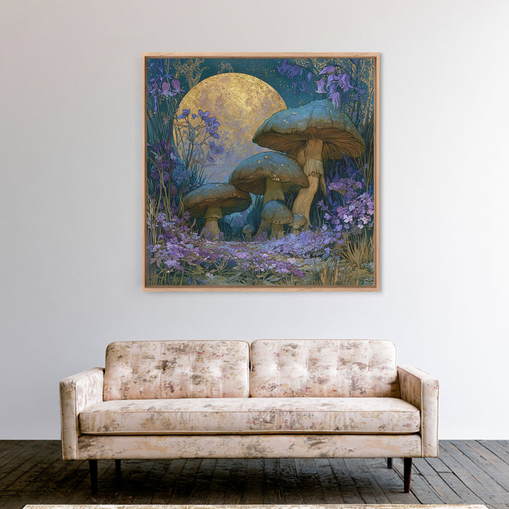 Fairy Ring of Mushrooms and Wildflowers Framed Canvas Print, Fairy Tale Art, Wall Art, Living Room Decor, Watercolor Art, FTA-1x1-93
