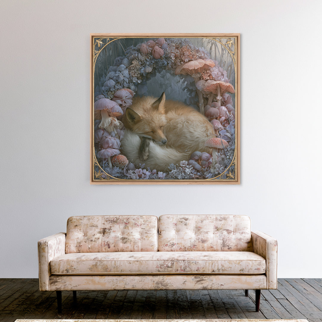 Sleeping Fox Beside a Magical Mushroom Ring Canvas Print, Fairy Tale Art, Painting, Living Room Decor, Fine Art, Storybook, FTA-1x1-99