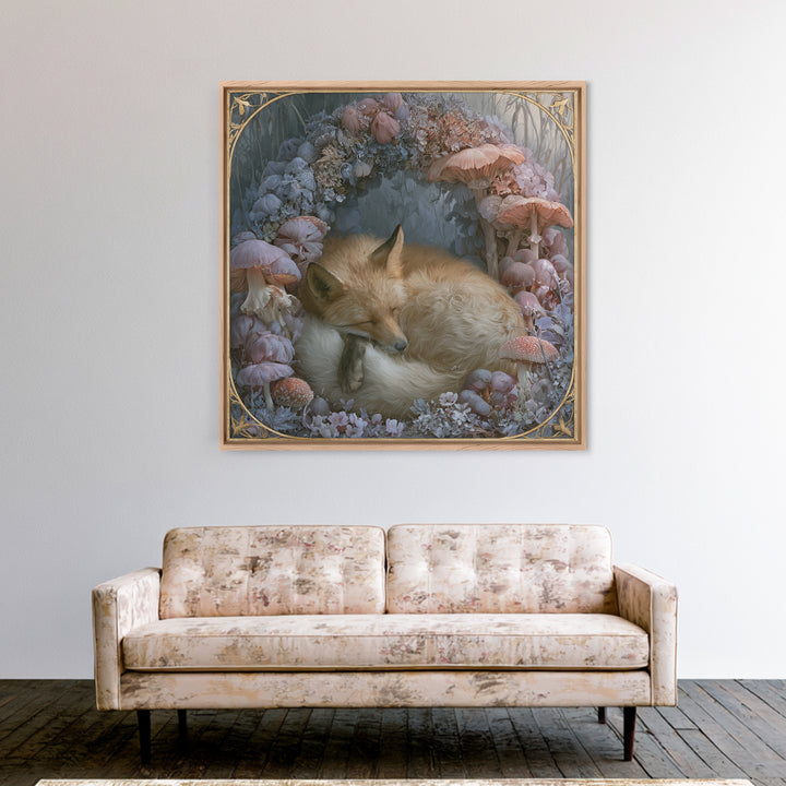 Sleeping Fox Beside a Magical Mushroom Ring Canvas Print, Fairy Tale Art, Painting, Living Room Decor, Fine Art, Storybook, FTA-1x1-99