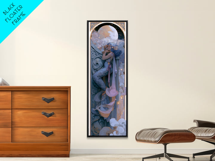 Mermaid Combing Hair Beneath a Pearl Moon Framed Canvas Print, Fairy Tale Art, Painting, Living Room Decor, Fine Art, Storybook, FTA-1x3-24