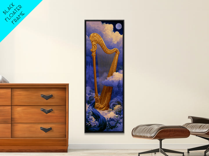 Golden Harp in a Cloud Kingdom Framed Canvas Print, Fairy Tale Art, Art Nouveau Print, Living Room Decor, Watercolor Art, FTA-1x3-34