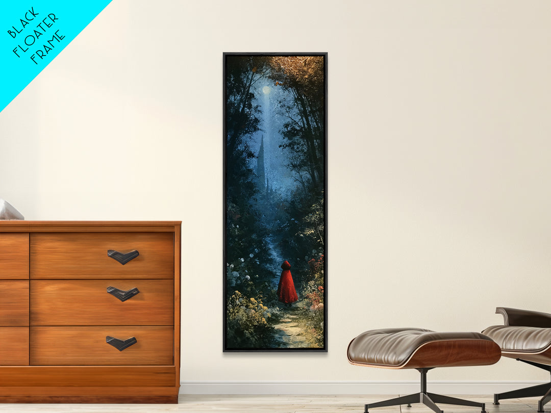 Red Cloak Figure Walking Through Dark Woods Canvas Print, Fairy Tale Art, Original Art, Living Room Decor, Fine Art, Storybook, FTA-1x3-44