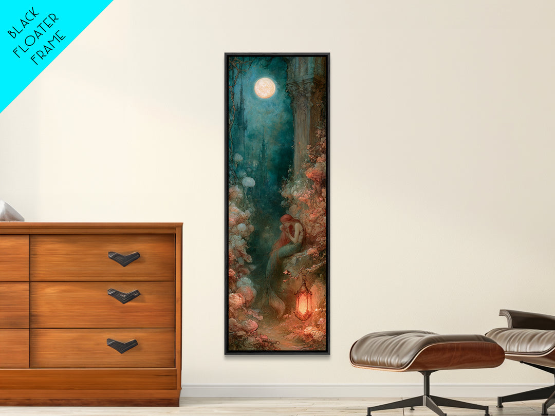 Mermaid Combing Hair Beneath a Pearl Moon Canvas Print, Fairy Tale Art, Nursery Wall Art, Living Room Decor, Watercolor Art, FTA-1x3-48