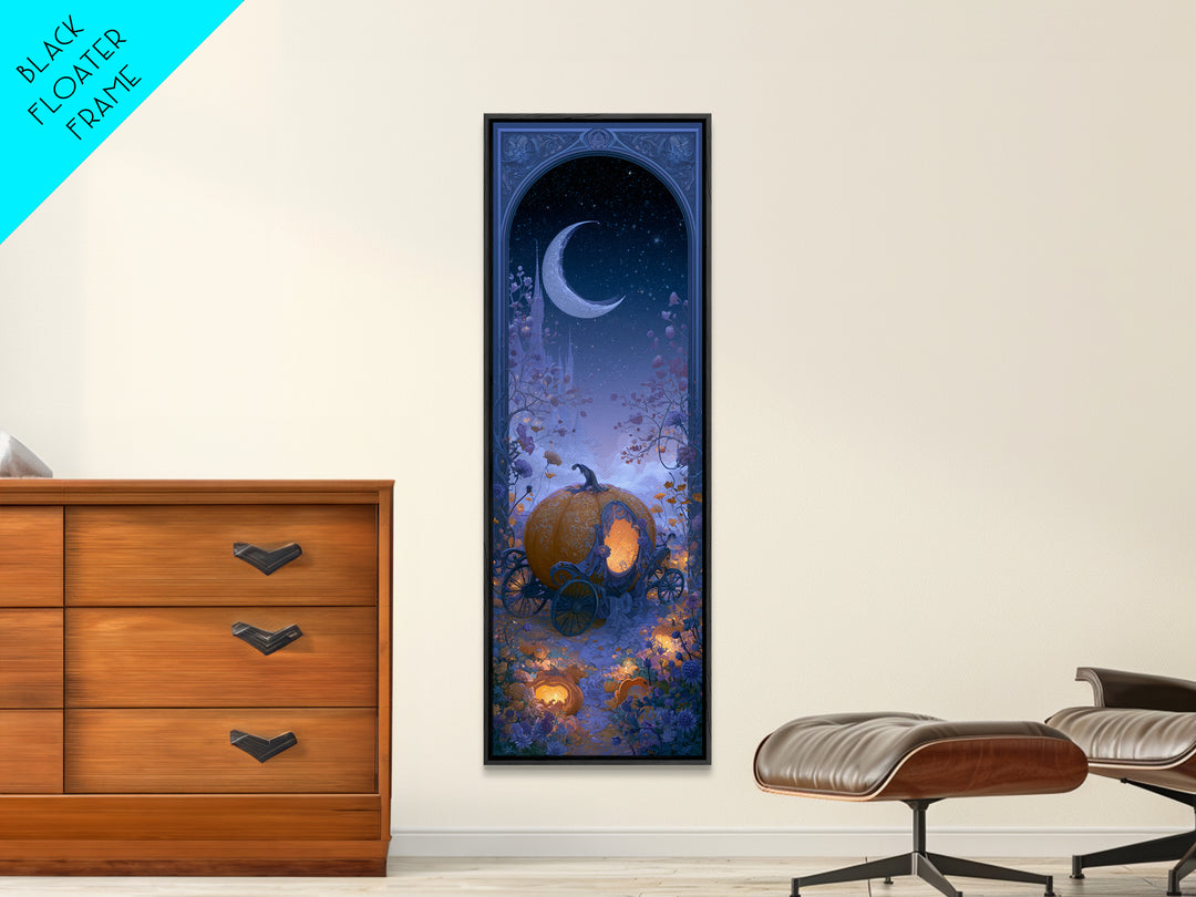 Pumpkin Carriage under Midnight Sky Framed Canvas Print, Fairy Tale Art, Art Nouveau, Living Room Decor, Fine Art, Storybook, FTA-1x3-52