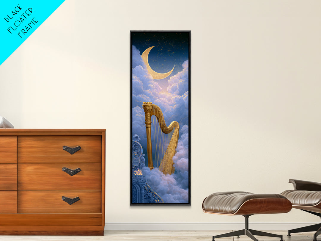Golden Harp in a Cloud Kingdom Framed Canvas Print, Fairy Tale Art, Art Nouveau Print, Living Room Decor, Watercolor Art, FTA-1x3-58