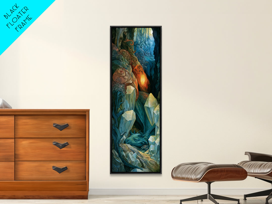 Sleeping Dragon in a Cave of Crystals Canvas Print, Fairy Tale Art, Abstract Art, Living Room Decor, Storybook, Kids Room Art, FTA-1x3-60