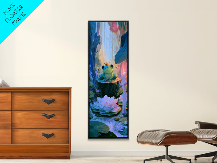 Frog Prince on a Lily Pad Framed Canvas Print, Fairy Tale Art, Gallery Decor, Living Room Decor, Fine Art, Storybook, FTA-1x3-71