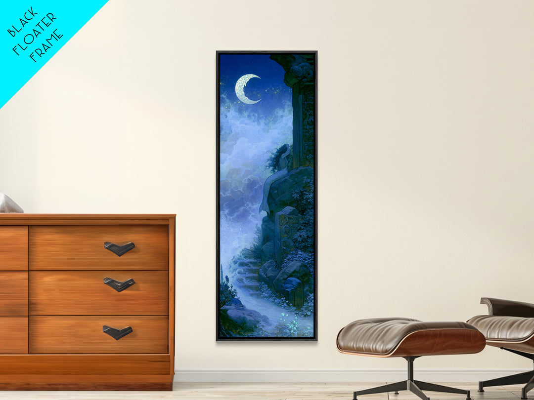 Mermaid Combing Hair Beneath a Pearl Moon Canvas Print, Fairy Tale Art, Folk Art, Living Room Decor, Fine Art, Storybook, FTA-1x3-72