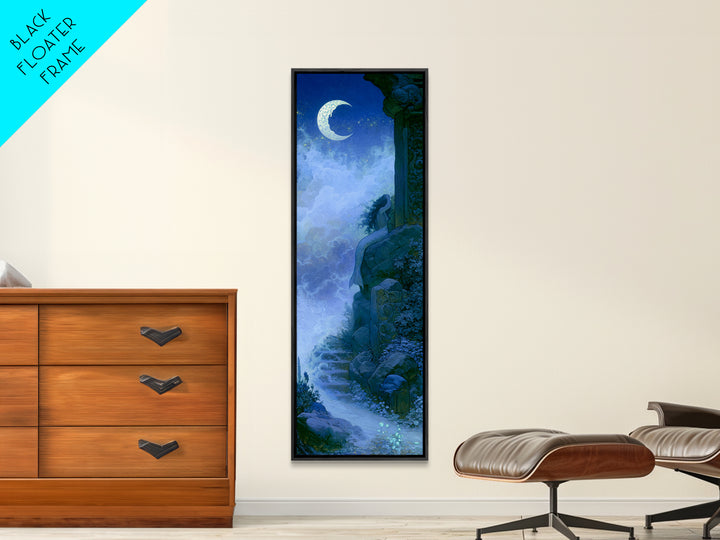 Mermaid Combing Hair Beneath a Pearl Moon Canvas Print, Fairy Tale Art, Folk Art, Living Room Decor, Fine Art, Storybook, FTA-1x3-72