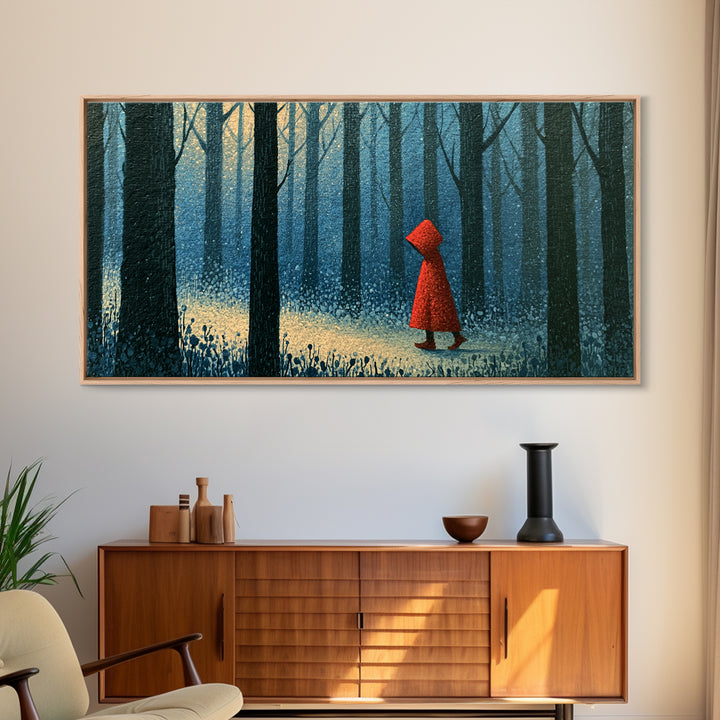 Red Cloak Figure Walking Through Dark Woods Framed Canvas Print, Fairy Tale Art, Dark Art, Living Room Decor, Storybook, FTA-2x1-100