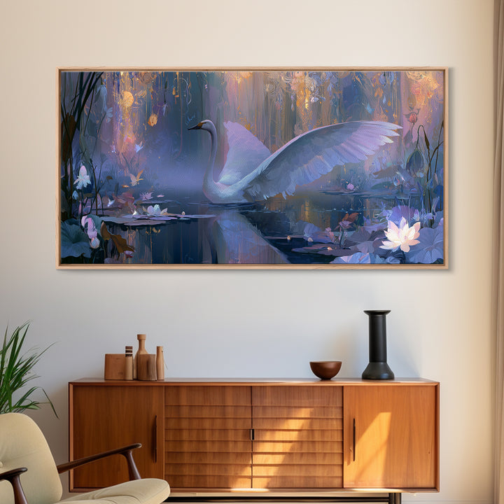 White Swan Transformation Scene Framed Canvas Print, Fairy Tale Art, Folk Art, Living Room Decor, Fine Art, Storybook, FTA-2x1-11