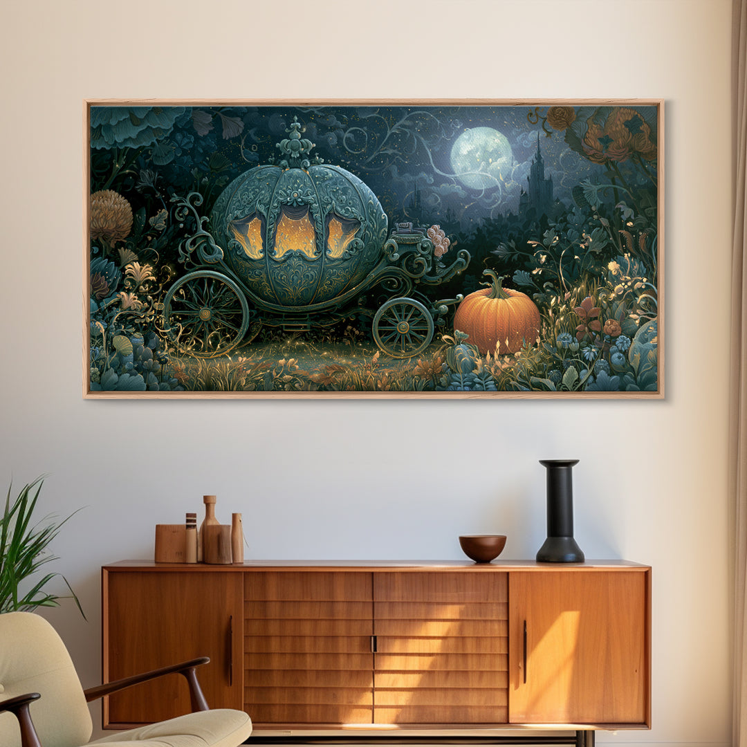 Pumpkin Carriage under Midnight Sky Framed Canvas Print, Fairy Tale Art, Room Decor, Living Room Decor, Fine Art, Storybook, FTA-2x1-12
