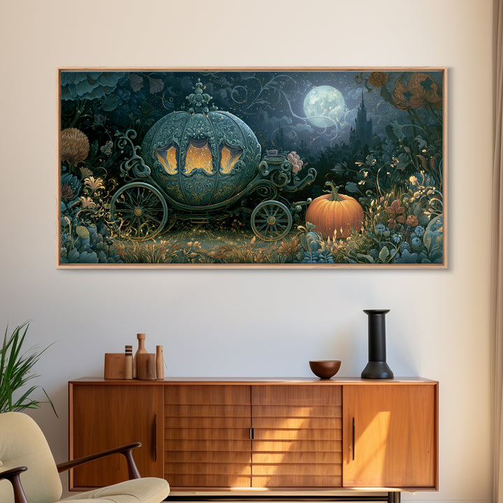 Pumpkin Carriage under Midnight Sky Framed Canvas Print, Fairy Tale Art, Room Decor, Living Room Decor, Fine Art, Storybook, FTA-2x1-12