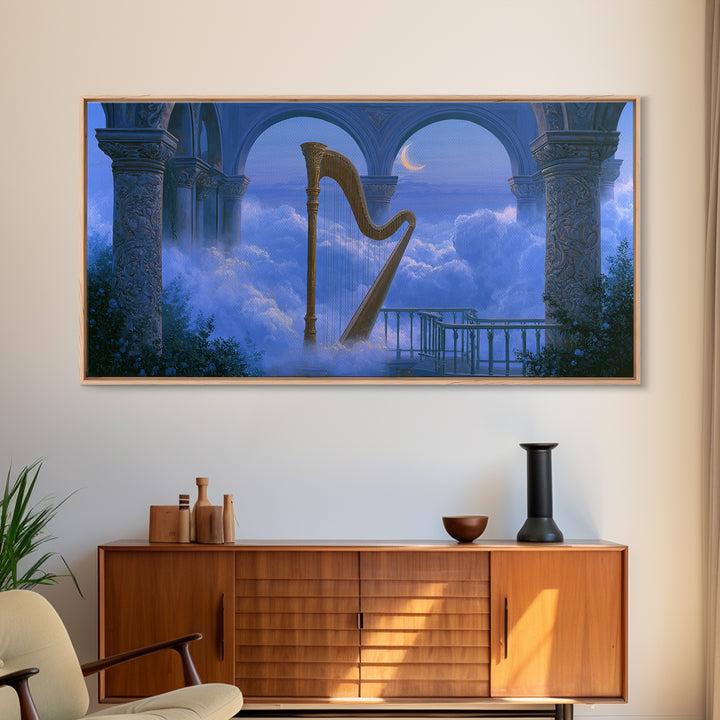 Golden Harp in a Cloud Kingdom Framed Canvas Print, Fairy Tale Art, Room Decor, Living Room Decor, Fine Art, Storybook, FTA-2x1-18