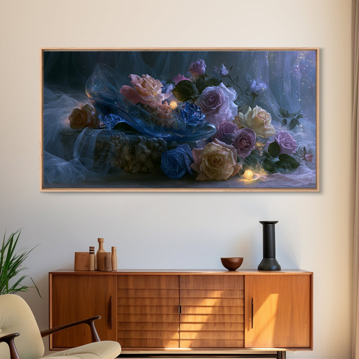 Glass Slipper Still Life Canvas Print, Fairy Tale Art, Living Room Decor, Abstract Art, Storybook, Art Nouveau, FTA-2x1-2