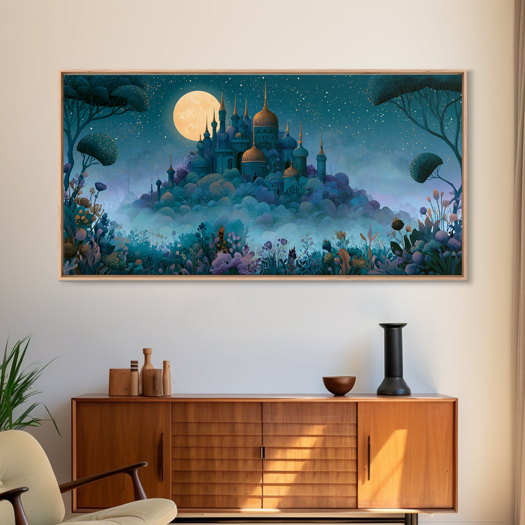 Storybook Castle on a Misty Hill Canvas Print, Fairy Tale Art, Textured Painting, Living Room Decor, Fine Art, Storybook, FTA-2x1-22