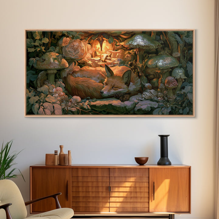 Sleeping Fox Beside a Magical Mushroom Ring Canvas Print, Fairy Tale Art, Nursery Wall Art, Living Room Decor, Storybook, FTA-2x1-23