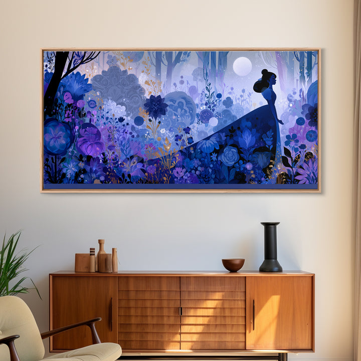 Princess Silhouette with Moonlit Garden Flowers Canvas Print, Fairy Tale Art, Minimalist Decor, Living Room Decor, Storybook, FTA-2x1-24