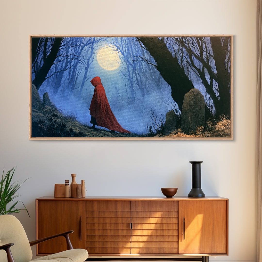 Red Cloak Figure Walking Through Dark Woods Canvas Print, Fairy Tale Art, Contemporary Art, Living Room Decor, Storybook, FTA-2x1-28