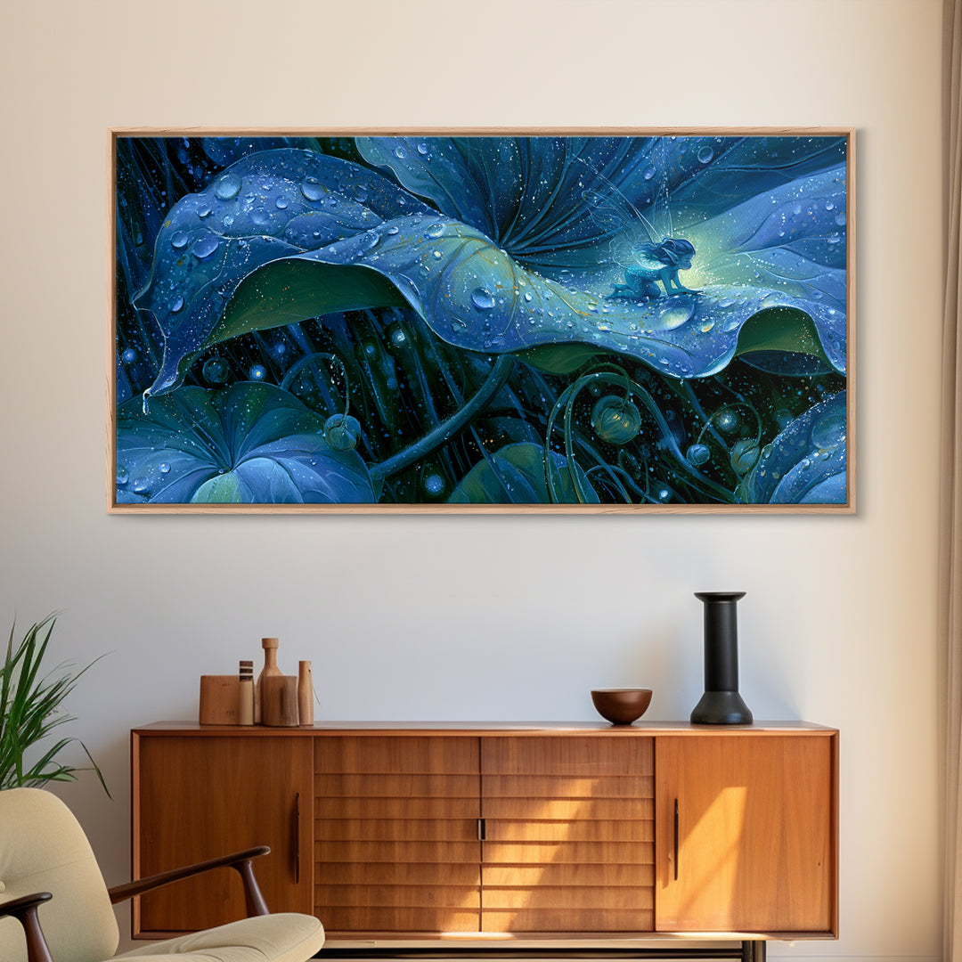 Tiny Fairy Resting on a Dew Covered Framed Canvas Print, Fairy Tale Art, Printable Art, Living Room Decor, Oil Painting, FTA-2x1-3