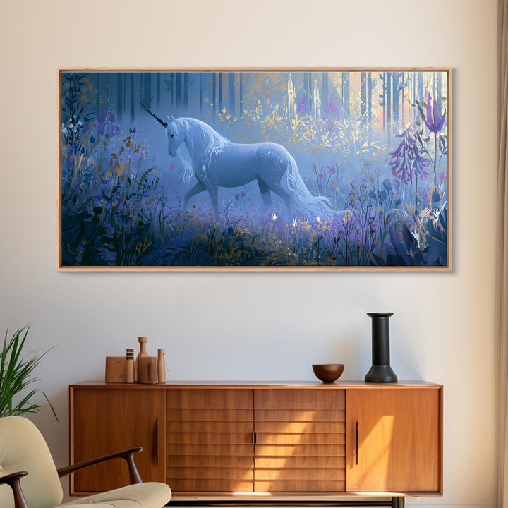 Unicorn in a Moonlit Meadow Framed Canvas Print, Fairy Tale Art, Minimalist Decor, Living Room Decor, Oil Painting, Storybook, FTA-2x1-30