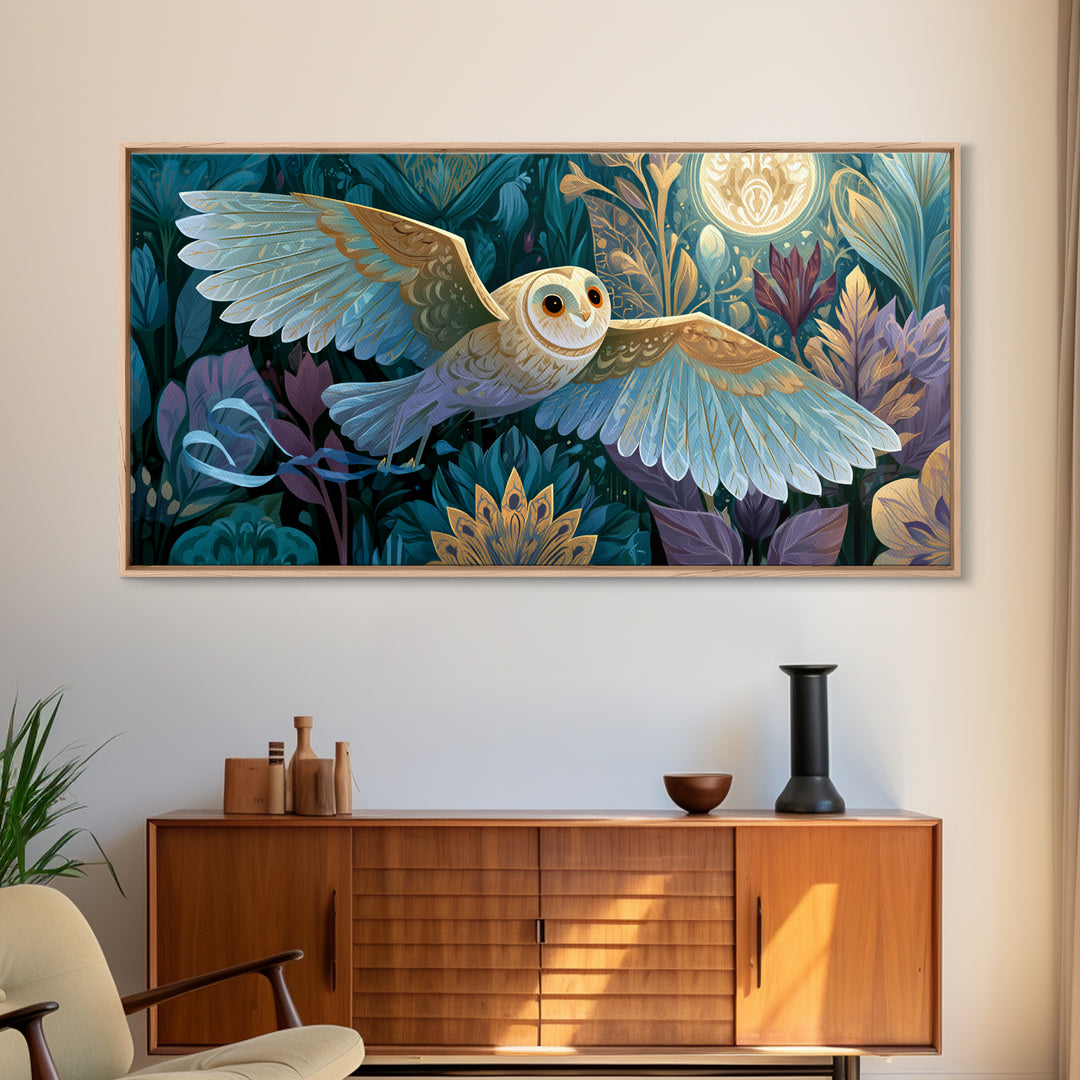 Owl Messenger Carrying a Tiny Ribbon Framed Canvas Print, Fairy Tale Art, Art Print, Living Room Decor, Fine Art, Storybook, FTA-2x1-37