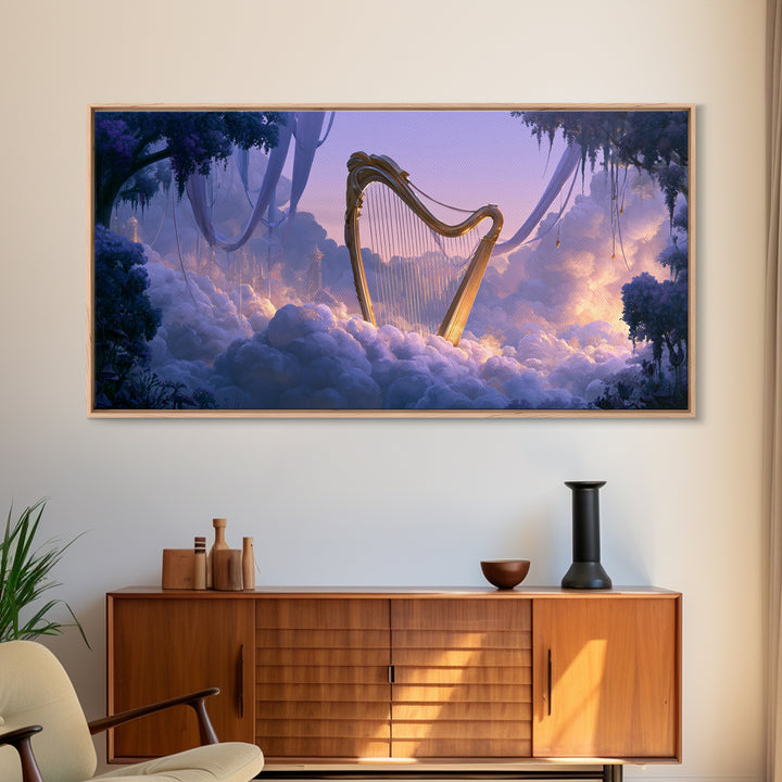 Golden Harp in a Cloud Kingdom Framed Canvas Print, Fairy Tale Art, Room Decor, Living Room Decor, Fine Art, Storybook, FTA-2x1-42