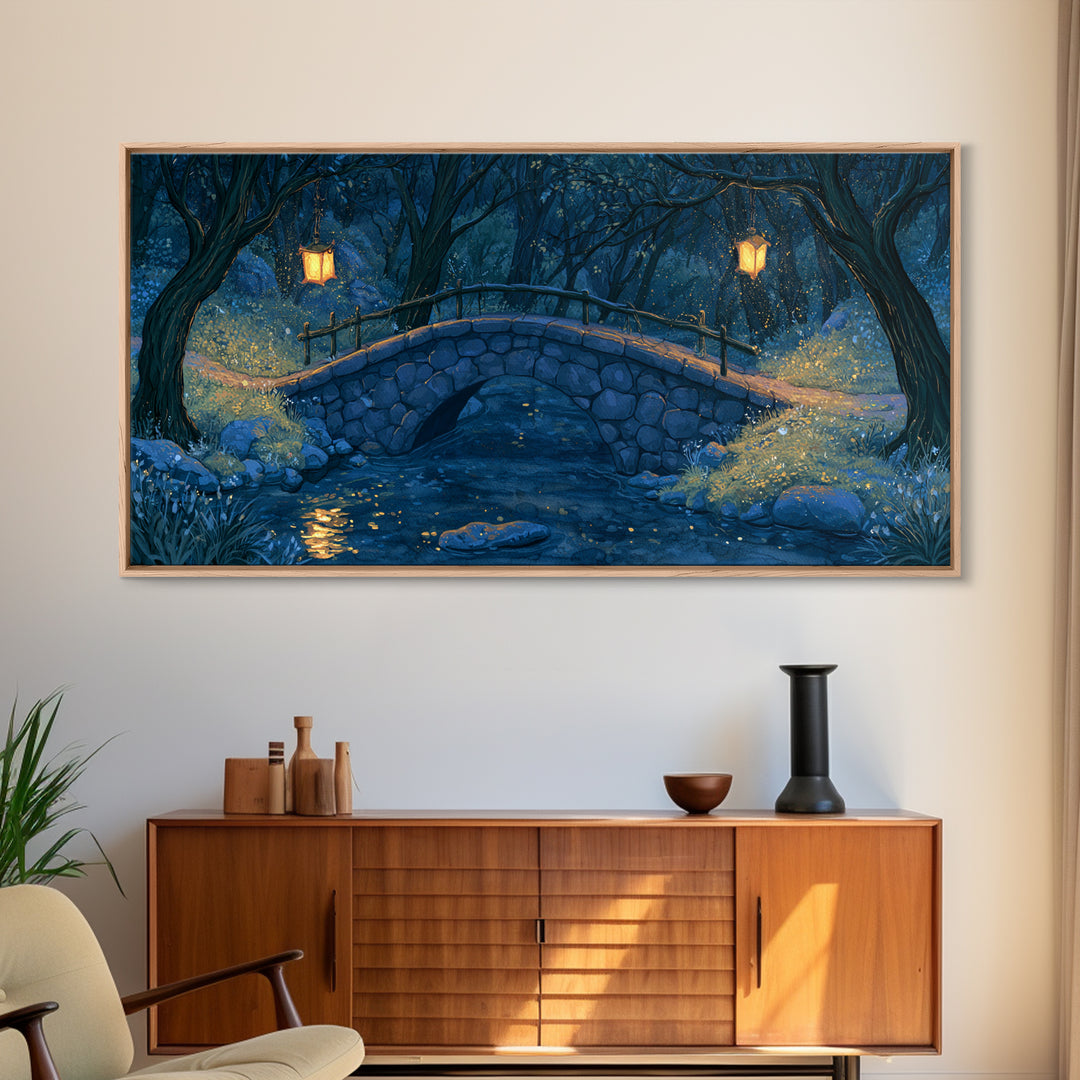 Lantern Lit Bridge Framed Canvas Print, Fairy Tale Art, Original Art, Living Room Decor, Fine Art, Storybook, Folk Art, FTA-2x1-43