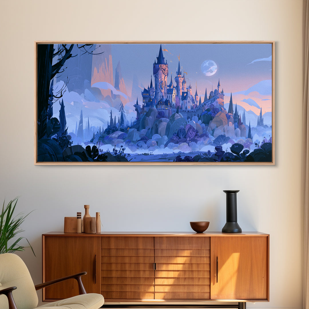 Storybook Castle on a Misty Hill Framed Canvas Print, Fairy Tale Art, Wall Decor, Living Room Decor, Fine Art, Storybook, FTA-2x1-46