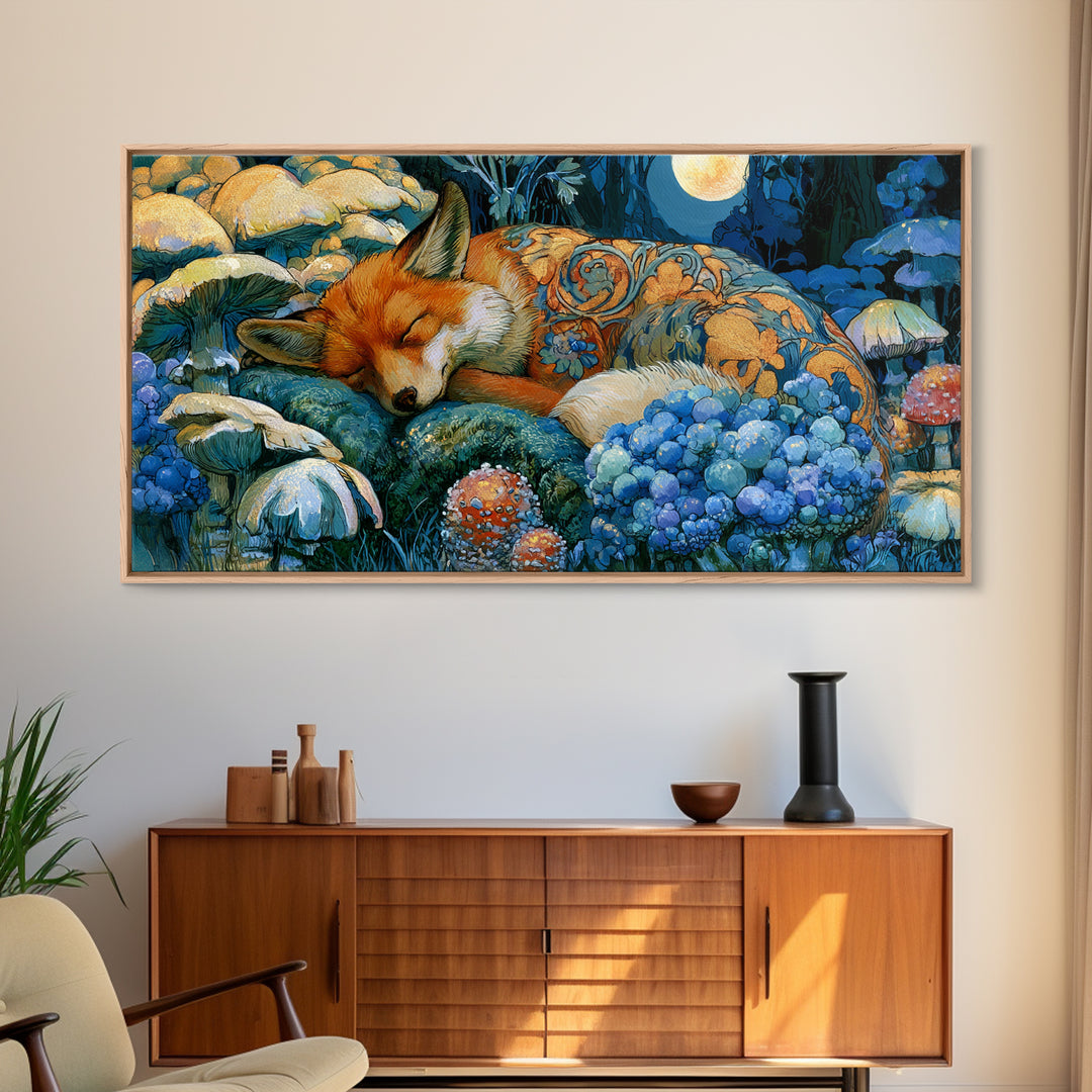 Sleeping Fox Beside a Magical Mushroom Ring Canvas Print, Fairy Tale Art, Boho Wall Art, Living Room Decor, Oil Painting, FTA-2x1-47