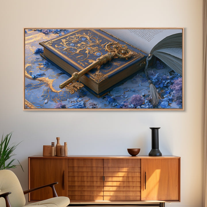Golden Key and Enchanted Book Still Life Canvas Print, Fairy Tale Art, Nursery Wall Art, Living Room Decor, Storybook, FTA-2x1-5