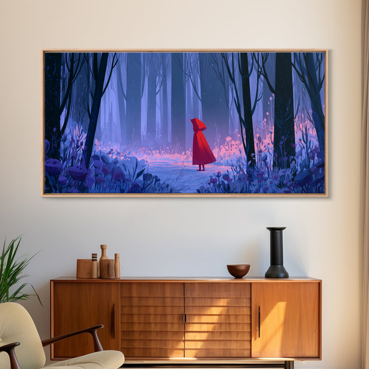 Red Cloak Figure Walking Through Dark Woods Canvas Print, Fairy Tale Art, Art Print, Living Room Decor, Oil Painting, Storybook, FTA-2x1-52