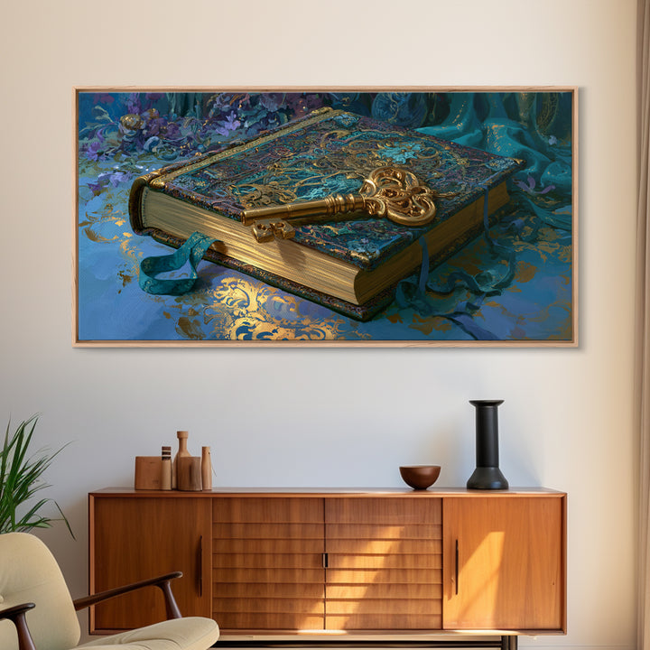 Golden Key and Enchanted Book Still Life Canvas Print, Fairy Tale Art, Boho Wall Art, Living Room Decor, Oil Painting, FTA-2x1-53