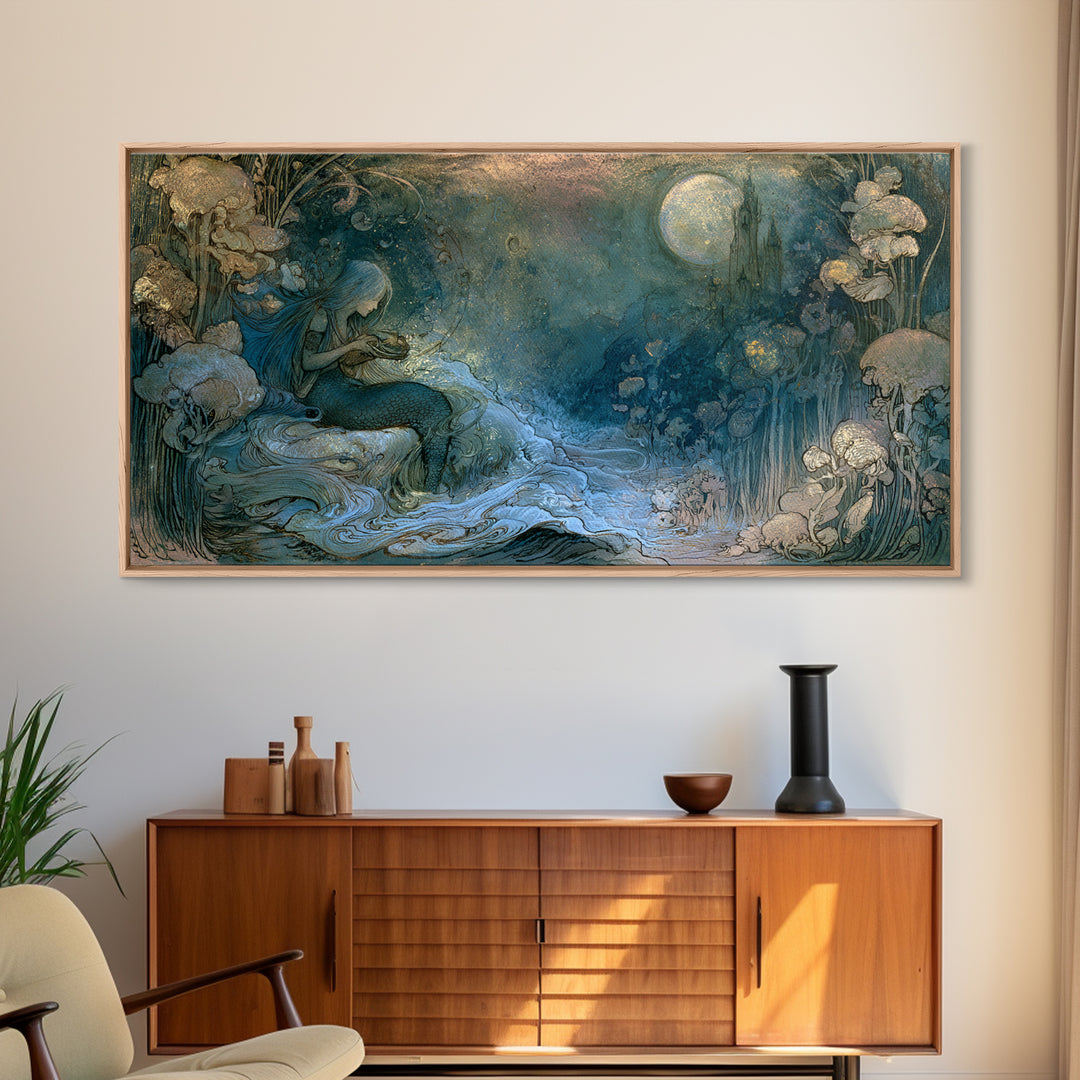 Mermaid Combing Hair Beneath a Pearl Moon Canvas Print, Fairy Tale Art, Printable Wall Art, Living Room Decor, Storybook, FTA-2x1-56