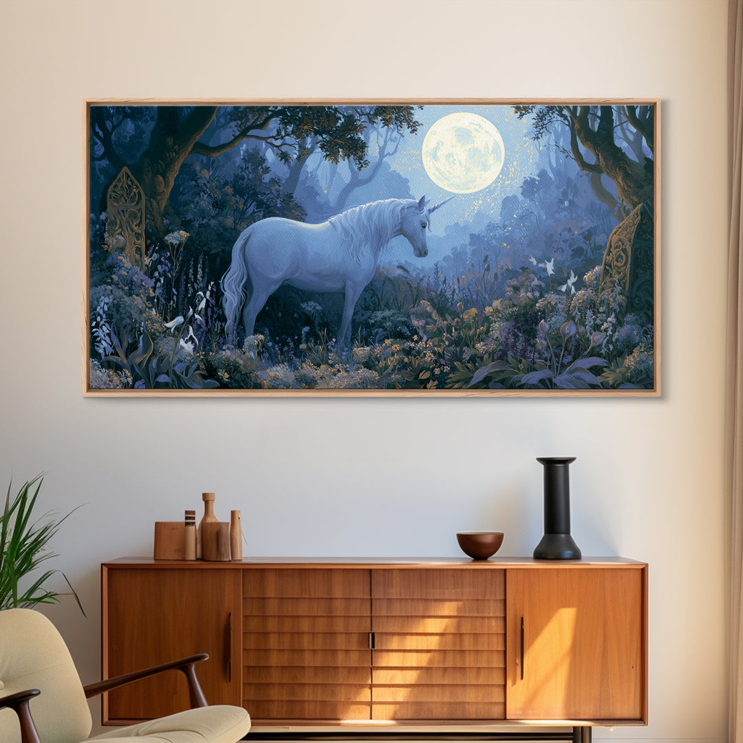 Unicorn in a Moonlit Meadow Framed Canvas Print, Fairy Tale Art, Minimalist Decor, Living Room Decor, Oil Painting, Storybook, FTA-2x1-6