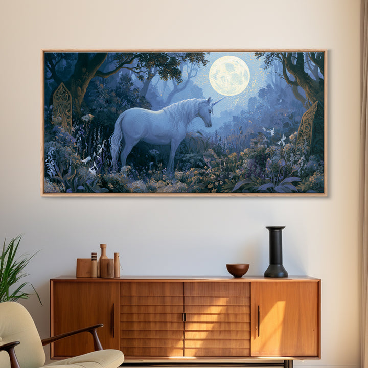 Unicorn in a Moonlit Meadow Framed Canvas Print, Fairy Tale Art, Minimalist Decor, Living Room Decor, Oil Painting, Storybook, FTA-2x1-6