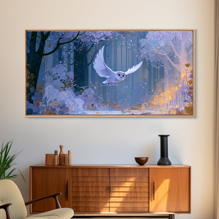 Owl Messenger Carrying a Tiny Ribbon Canvas Print, Fairy Tale Art, Canvas Wall Art, Living Room Decor, Fine Art, Storybook, FTA-2x1-61