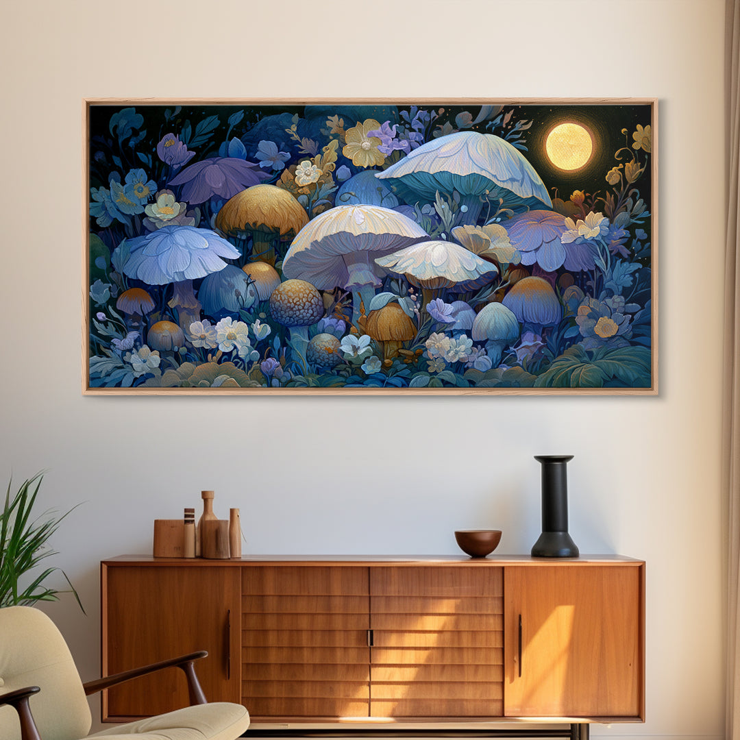 Fairy Ring of Mushrooms and Wildflowers Framed Canvas Print, Fairy Tale Art, Abstract Art, Living Room Decor, Storybook, FTA-2x1-65