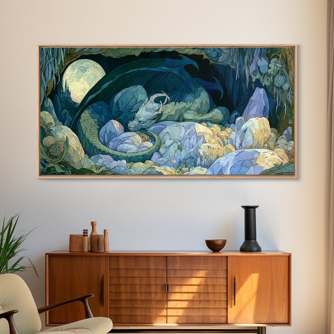 Sleeping Dragon in a Cave of Crystals Canvas Print, Fairy Tale Art, Nursery Wall Art, Living Room Decor, Watercolor Art, FTA-2x1-68
