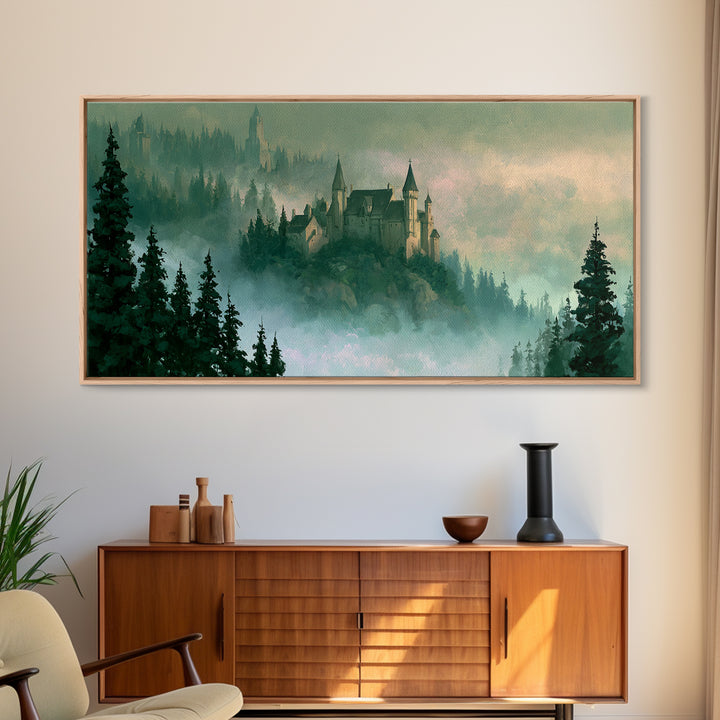 Storybook Castle on a Misty Hill Canvas Print, Fairy Tale Art, Original Art, Living Room Decor, Fine Art, Storybook, Folk Art, FTA-2x1-70