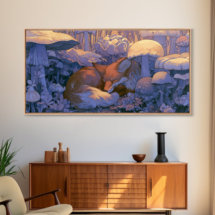 Sleeping Fox Beside a Magical Mushroom Ring Canvas Print, Fairy Tale Art, Kids Room Decor, Living Room Decor, Abstract Art, FTA-2x1-71
